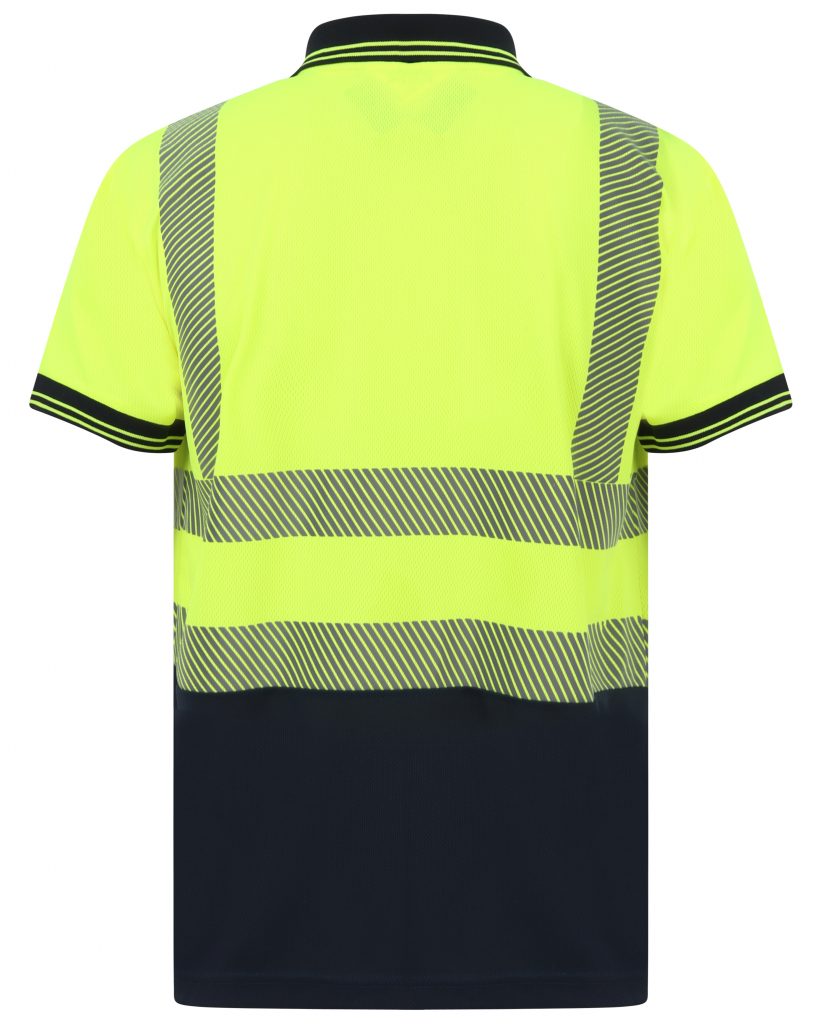 Yellow Hi vis polo shirt short sleeve with navy accents on the collar, Bottom of the shirt and wrist cuff. Polo Shirts have two hi vis waist bands which are heat seal and hi vis shoulder bands.