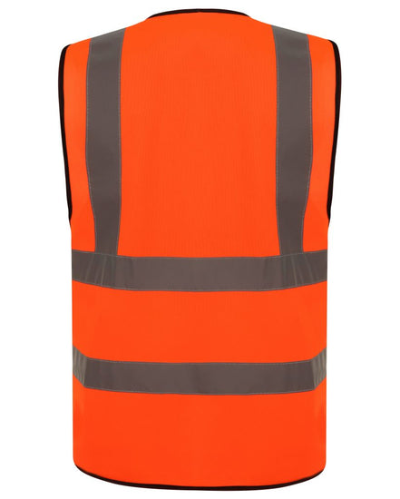 Orange Hi vis vest with two waist bands and shoulder bands. Velcro fasten.