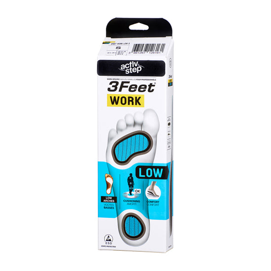 Retail box for low arch support footbeds in white and blue box.