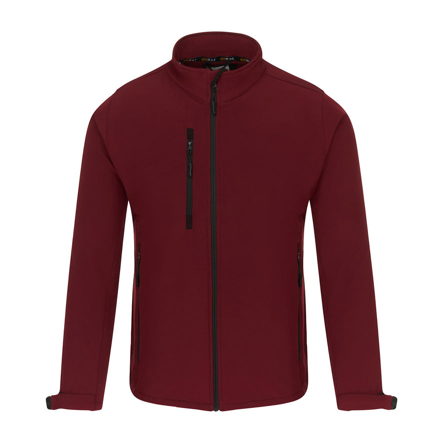 Orn Workwear Tern Softshell in burgundy with full zip fasten and right chest pocket.
