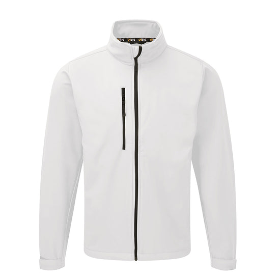 Orn Workwear Tern Softshell in white with full zip fasten and right chest pocket.