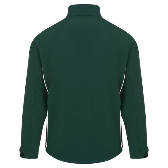 Back of Orn Workwear ORN Silverswift Softshell in bottle green with black panels and white piping on sides.