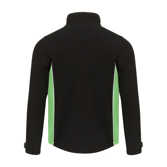 Back of Orn Workwear ORN Silverswift Softshell in black with lime green panels and white piping on sides.
