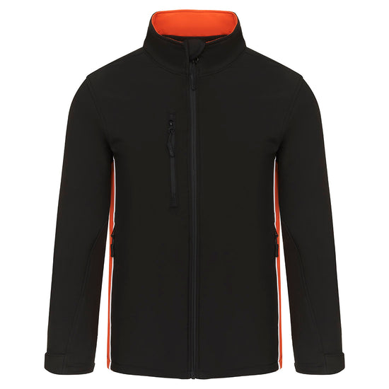 Orn Workwear ORN Silverswift Softshell in black with black zip fasten, orange inside collar, orange panels and white piping on sides.