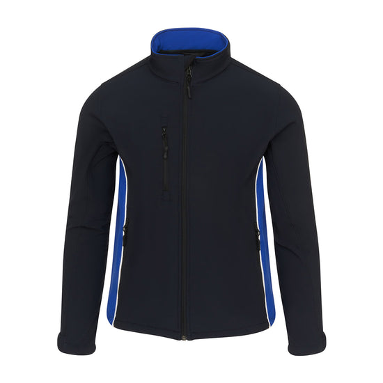 Orn Workwear ORN Silverswift Softshell in navy with black zip fasten, royal blue inside collar, royal blue panels and white piping on sides.