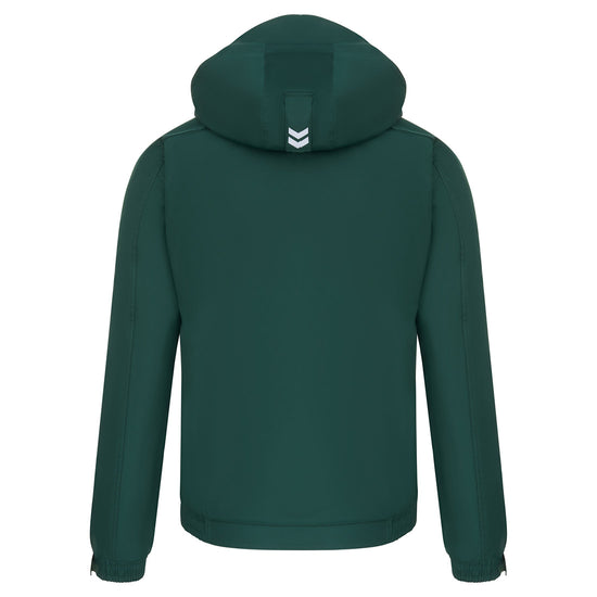 Back of Orn Workwear ORN Fulmar Bomber Jacket in bottle green with hood, white arrows on back of hood and elasticated wrists.