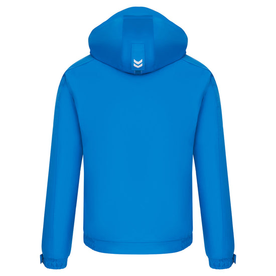 Back of Orn Workwear ORN Fulmar Bomber Jacket in reflex blue with hood, white arrows on back of hood and elasticated wrists.