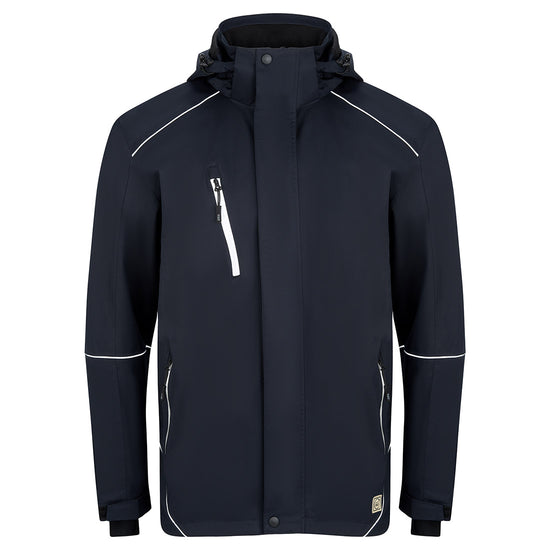Orn Workwear ORN Fireback EarthPro Jacket in navy with hood, reflective zip fasten, reflective zip pockets on chest and front and reflective piping on shoulders, arms and sides.