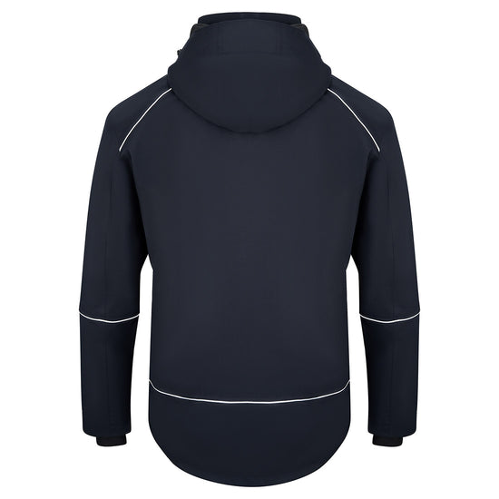 Back of Orn Workwear ORN Fireback EarthPro Jacket in navy with hood and reflective piping on shoulders, arms and sides.