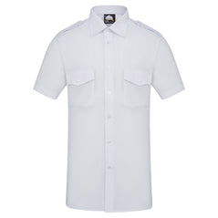 Orn Workwear ORN Essential Short Sleeve Pilot Shirt in white with white buttons, pockets on left and right chest, epaulettes and collar.