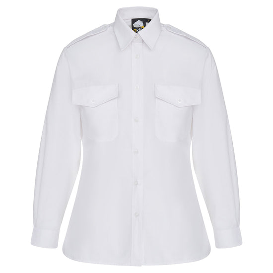 Orn Workwear ORN Essential Long Sleeve Pilot Blouse in white with white buttons, pockets on left and right chest, epaulettes and collar.