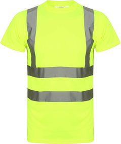 Yellow Hi vis crew neck t-shirt. T-Shirts have two hi vis waist bands and hi vis shoulder bands.