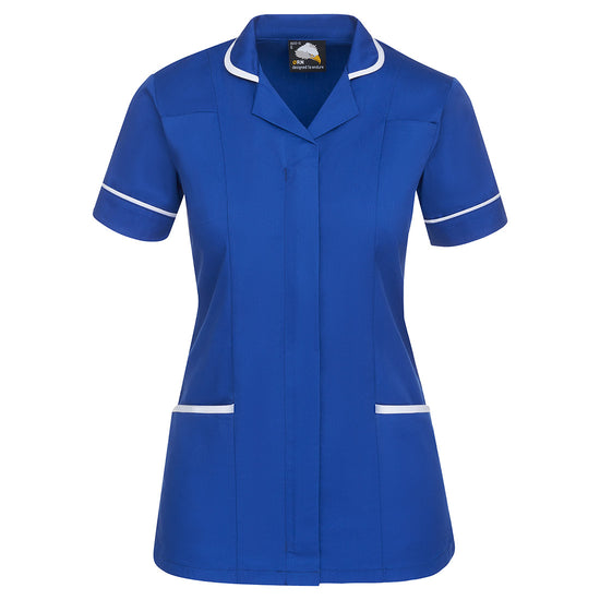 Orn Workwear Florence Classic Tunic in royal blue with pockets on the tunic lower withwhite contrast around the pockets and middle of the tunic.