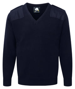 Orn Workwear Security Jumper in navy with security style shoulder patches and a v-neck finish.