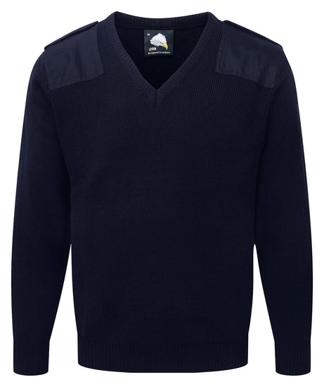 Orn Workwear Security Jumper in navy with security style shoulder patches and a v-neck finish.
