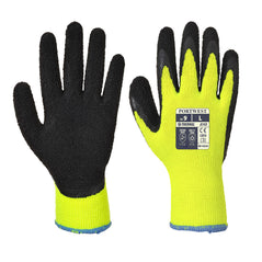 Yellow Portwest thermal soft grip glove. Glove has a black latex palm, Yellow back and green elasticated wrist. 