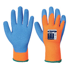 Orange and blue cold grip thermal glove with blue latex palm.