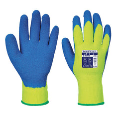 Yellow and blue cold grip thermal glove with blue latex palm.