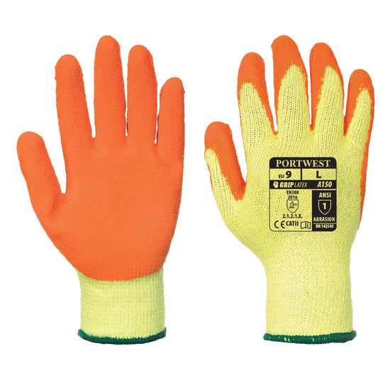 Yellow and orange classic latex grip glove with orange latex palm.
