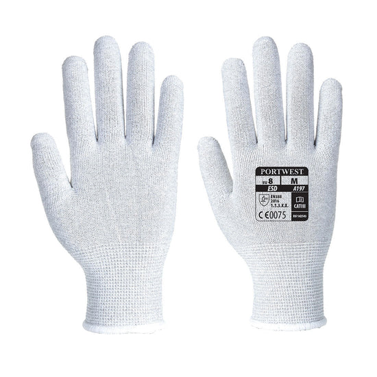 A pair of Antistatic Shell Gloves in grey with knitted palms, elasticated wrists and Portwest branding on back.