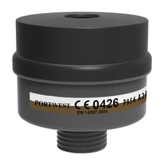 Grey facemark filter with a brown and white label.