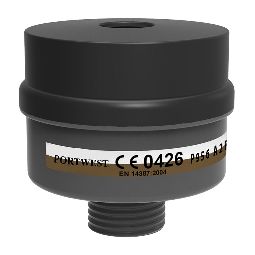 Grey facemark filter with a brown and white label.