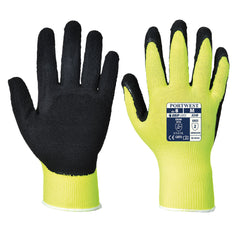 Hi vis yellow latex grip glove with black latex palm.