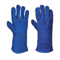 Blue Portwest Welders gauntlet. Gauntlet has orange stitching.