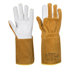 Portwest TIG ultra welding gauntlet. Gauntlet has a brown back of the glove and white palm.