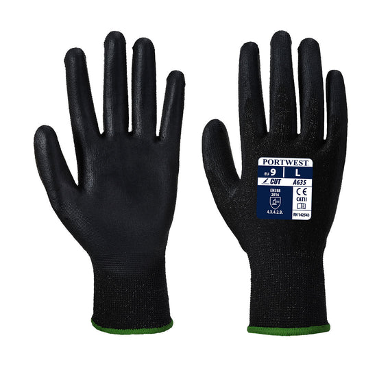 Black eco cut resistant gloves with black palm and grey wrist.