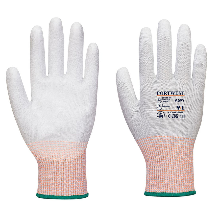 Grey and white PU palm Glove Black with paterned orange sleeve and elasticated green wrist