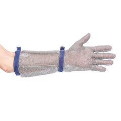 Silver chainmail gauntlet with blue tie straps.