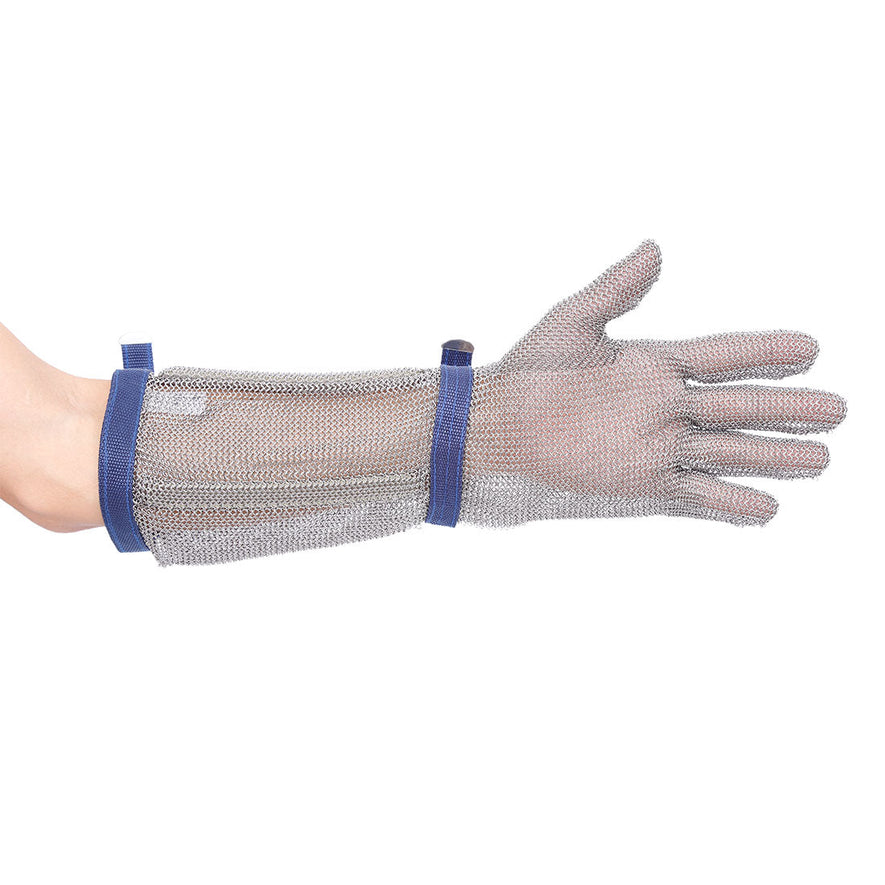 Silver chainmail gauntlet with blue tie straps.