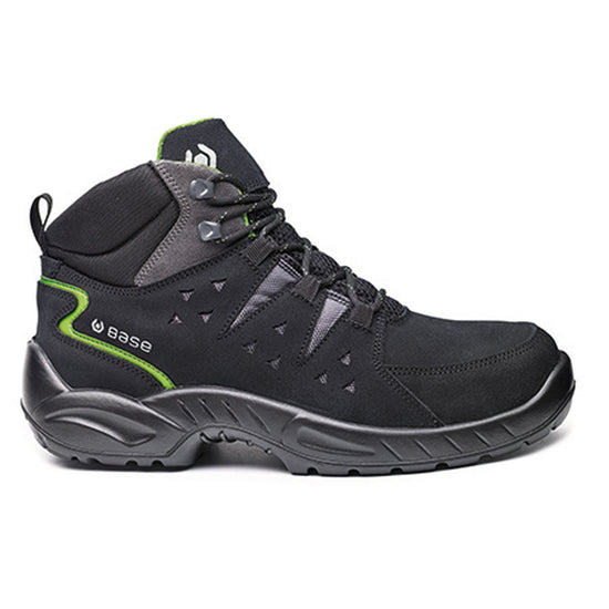 Black And Green Base Victoria Safety Boot with a protective toe and contrast on the heel of the Boot.