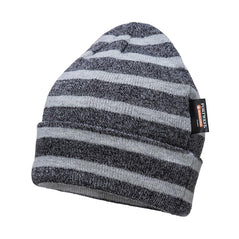 Grey Striped Insulated Knit Cap with light grey stripes.