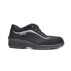 Black Base Ladies Iris Safety Trainer with a protective toe, and white contrast on the side of the trainer.