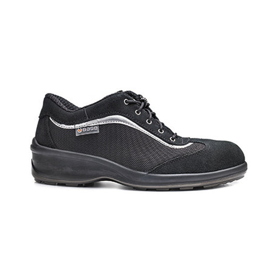 Black Base Ladies Iris Safety Trainer with a protective toe, and white contrast on the side of the trainer.