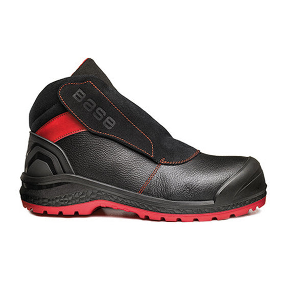 Black and Red Base Sparkle Safety Boot with a protective toe, Welders lace cover and red contrast on the stitching and sole of the boot.
