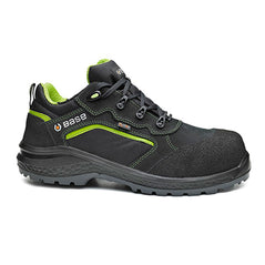Black Base Be Powerful Safety Boot. Boot has a black sole, Black sole upper, black scuff cap and black laces. Boot has base branding and Green contrast through out.
