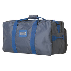 Grey Portwest travel bag. Bag has blue contrast on the handle straps and Id holder.