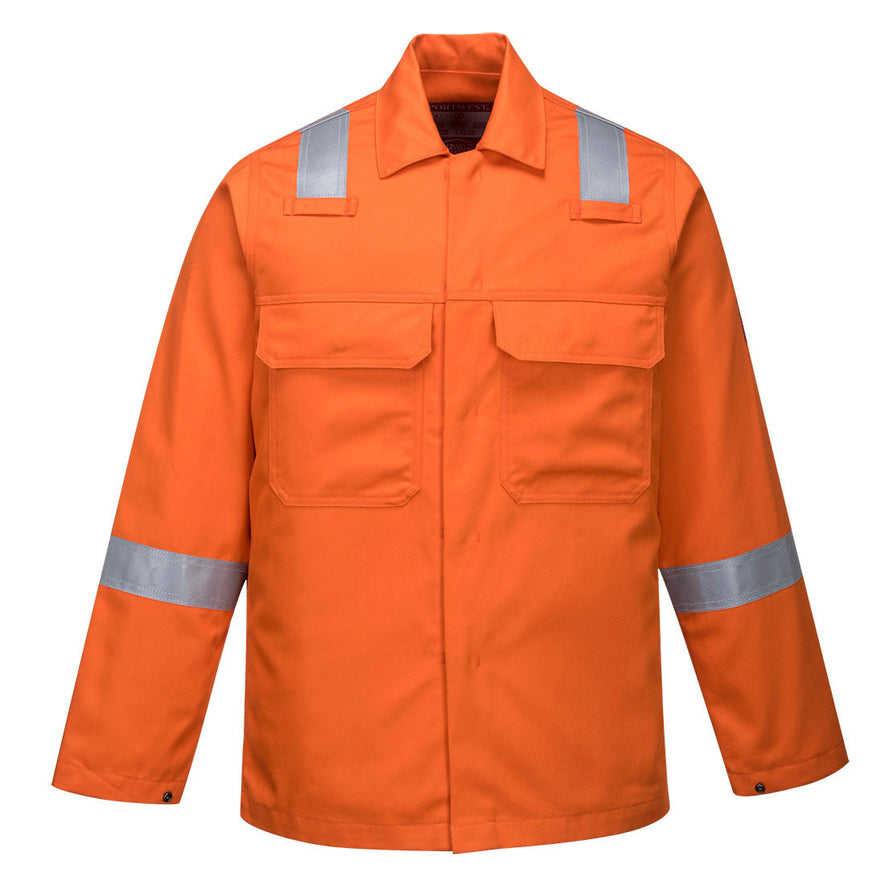 Orange Bizweld Jacket with hi-vis strips on arm and shoulders with chest and side pockets