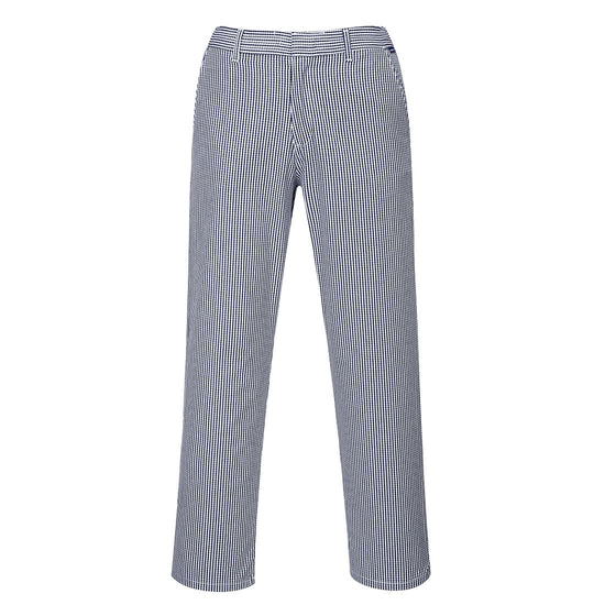 Black and white check chefs trousers with belt loops.