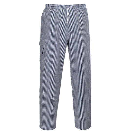Blue and white checked chefs trousers with drawstring fasten.
