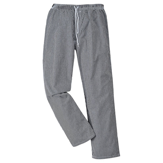 Black and white check chefs trousers with drawstring tighten.