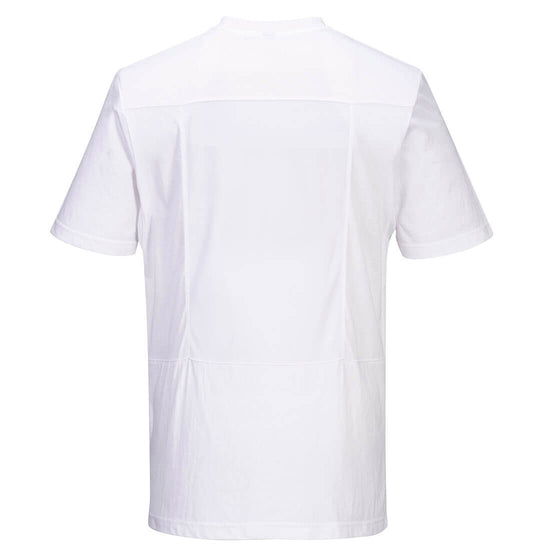 Back of Portwest Chef Cotton Mesh Air T-Shirt in white with short sleeves.