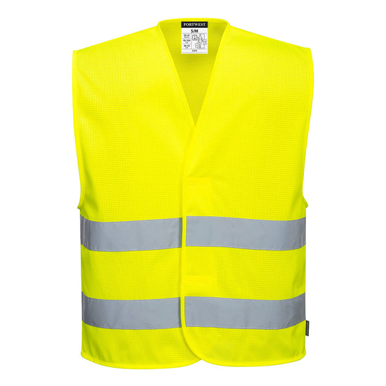 Yellow Portwest Mesh Air Hi-Vis Vest. Vest has hi vis strips on the body.