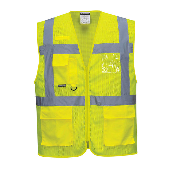 Yellow mesh executive vest, zip fasten with side pockets and chest pocket with d loop. Vests have waist bands and shoulder bands 