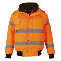 Orange Hi vis three in one bomber jacket with two waist bands and shoulder bands. Pop button fasten with waist pockets, chest pocket with d loop and visible hood.