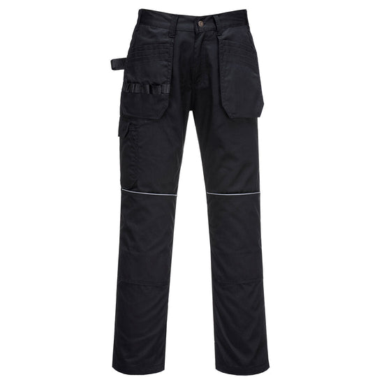 Black Portwest tradesman holster trouser. Trousers have holster pockets, kneepad pockets, hammer loop and belt loops.