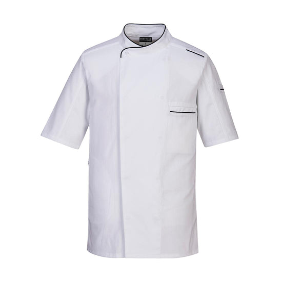 White Surrey Chefs Jacket with full length buttons. Jacket has short sleeves.